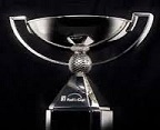 Silver trophy with a modern design on a black base.