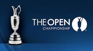 Logo of The Open Championship golf tournament on a blue background.