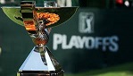 The iconic PGA Tour trophy with a background showing 'PLAYOFFS'.