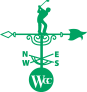 A weather vane with cardinal directions and a circular logo labeled 'Wtc'.